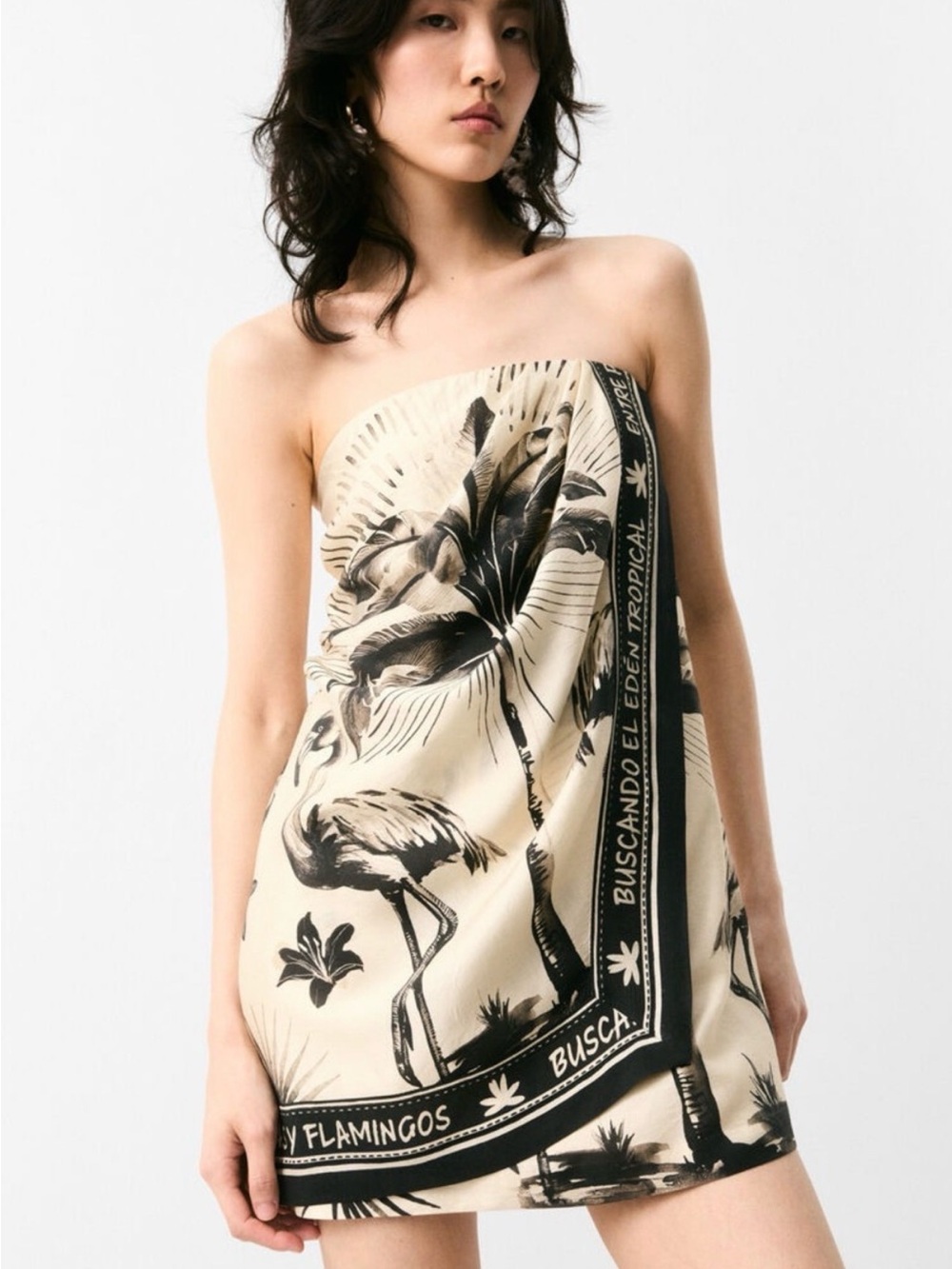 H&M Strapless Cream Mini Dress with Black Tropical Flamingo Print BNWOT
